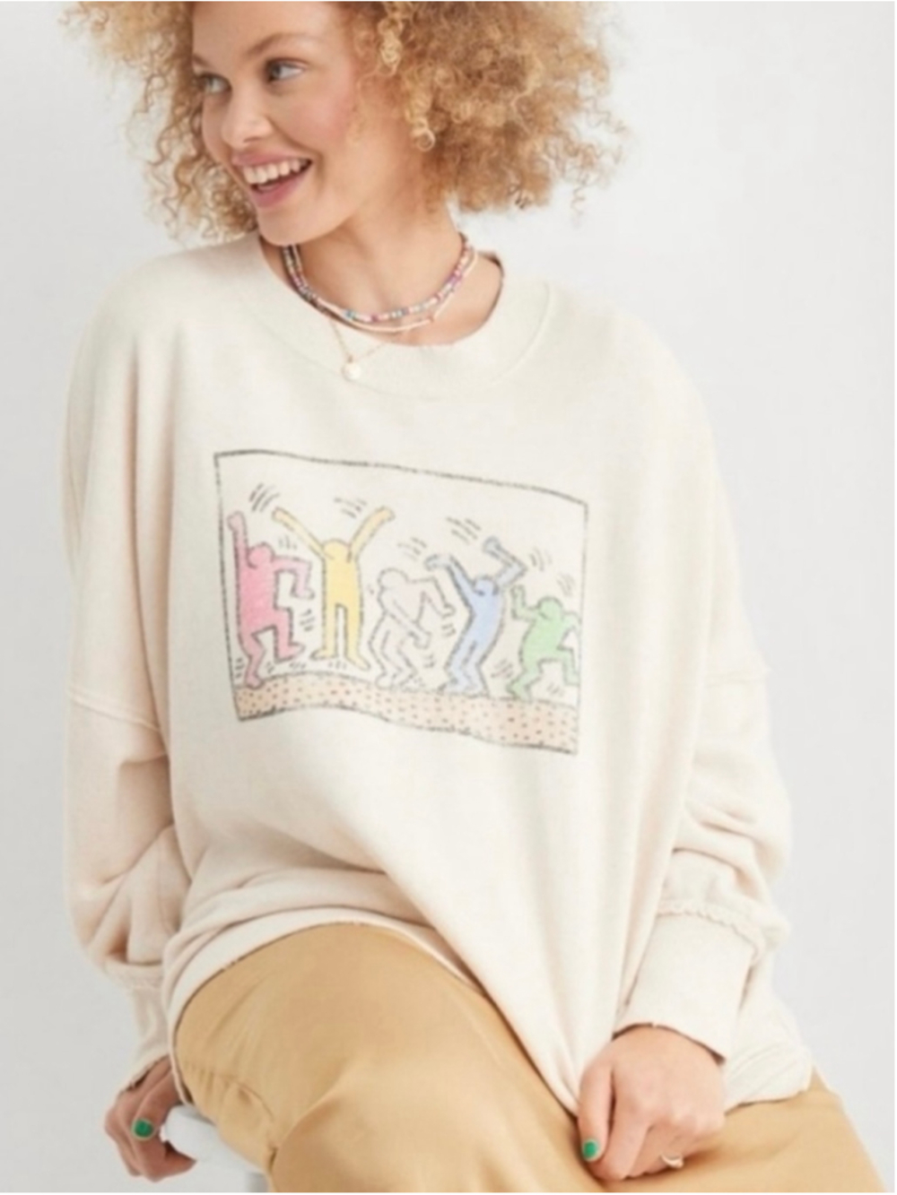 Aerie The Happiest Oversized Keith Haring Crew Sweatshirt Size XS Cream